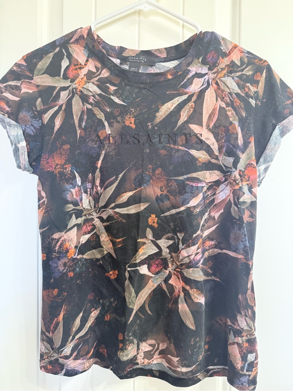 All Saints Black Floral Crewneck Tee with Muted Bloom Print